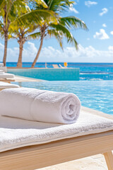 Poster - A wide-angle scene capturing a row of poolside loungers facing the water, each adorned with a freshly laundered towel, inviting relaxation,