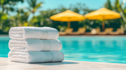Poster - A creative angle framing the towels in the foreground, while a modern resort pool area with sun umbrellas and greenery fills the background,