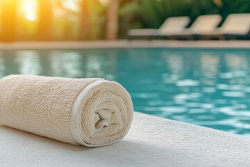 Poster - A sharp focus on one sunbedâ€™s towel roll, with the rest of the pool and matching loungers softly fading into bokeh,