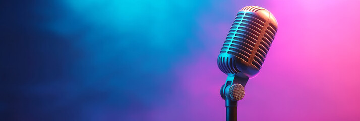 Aufkleber - A dynamic low-angle shot capturing a classic metal microphone in sharp focus, with a lively band silhouetted behind under neon blue and pink stage lights,