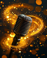 Aufkleber - A dramatic side-angle composition where the worn metal mic stands out, as swirling orange and yellow stage lights highlight the bandâ€™s live performance,