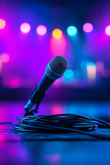 Aufkleber - An elegant composition of a well-used vintage microphone cable coiling across the stage, the band visible in luminous magenta and cyan backlighting,