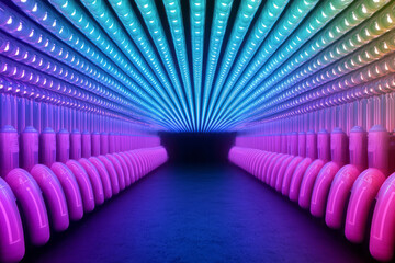 Aufkleber - A creative overhead shot capturing multiple parallel UV tubes shining in unison, forming a bold futuristic pattern against a deep black background,