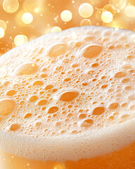 Poster - A refined macro perspective highlighting the golden beverageâ€™s foam crown, while golden bokeh orbs twinkle softly behind,