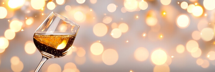 Leinwandbilder - A refined scene featuring a clean glass catching the golden beverage, bright bokeh orbs hinting at a celebratory gathering out of focus,