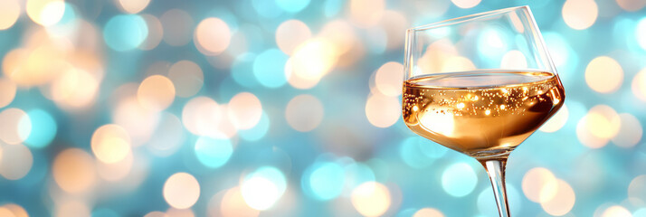 Aufkleber - A refined scene featuring a clean glass catching the golden beverage, bright bokeh orbs hinting at a celebratory gathering out of focus,