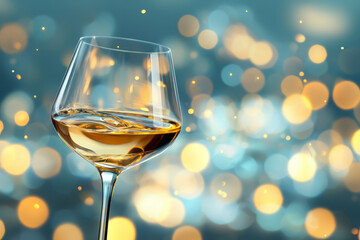 Aufkleber - An atmospheric photograph displaying the glass half-filled, as golden liquid churns inside, enveloped by a bright bokeh glow symbolic of celebration,
