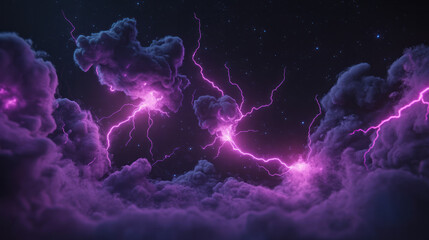 Poster - A cinematic wide-angle shot where multiple purple lightning bolts converge, each glowing intensely, illuminated by bright VFX-inspired trails,