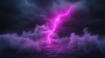 Poster - An ethereal depiction of a radiant violet lightning bolt forging across a smoky black stage, subtle sparks drifting in the electrical wake,