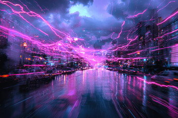 Poster - A double-exposure inspired composition where the main purple lightning stands front and center, ghostlike trails forming behind it,