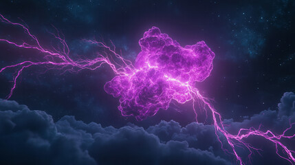 Poster - A cinematic freeze capturing the pivotal moment a purple bolt branches out in multiple directions, trailing neon-like glows in the dark,