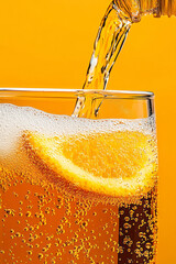 Poster - A dynamic close-up capturing vibrant orange soda being poured into a glass, with lively bubbles reflecting a celebratory backdrop,
