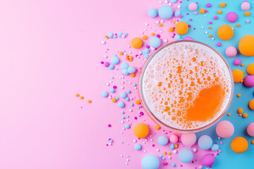 Poster - A cinematic overhead shot focusing on the fizz and foam of poured orange soda, framed by bright, festive elements in the background,