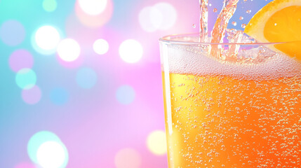 Poster - A macro depiction of orange sodaâ€™s effervescence cascading into a transparent glass, highlighted against colorful party lights,