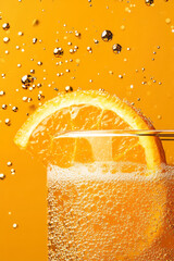 Poster - An elegant shot of golden bubbles forming atop the orange beverage, confetti drifting in the distance to imply a joyful ambiance,