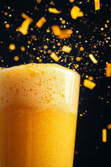 Poster - An elegant shot of golden bubbles forming atop the orange beverage, confetti drifting in the distance to imply a joyful ambiance,