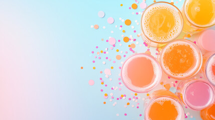 Poster - A dreamlike overhead image capturing multiple glasses of orange soda arranged in a circle, sparkling confetti scattered on a luminous table,