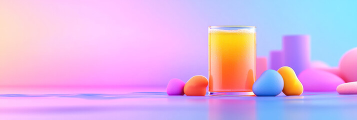 Poster - A dynamic perspective where frothy orange soda overflows slightly, with party decor visible in soft pastel hues, enhancing the ad-like quality,