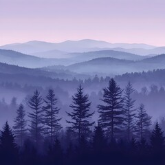 Naklejka na meble A serene landscape showcasing a misty forest at dusk, featuring layered mountains in soft purple hues. The silhouette of tall pine trees enhances the tranquil atmosphere.