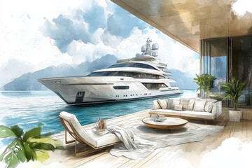 Luxury yacht docked near a modern terrace in a scenic coastal location surrounded by mountains and clear waters during a sunny day