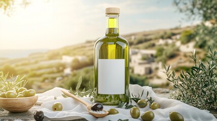 Elegant Olive Oil Bottle with White Label on a White Linen Cloth with Olives, Salt and Thyme overlooking Mediterranean Landscape. Copy space. Generative AI 