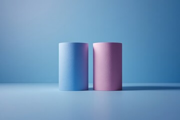 Fototapete - Two pastel-colored cylindrical objects placed on a soft blue background in a minimalist setup evoking a serene atmosphere