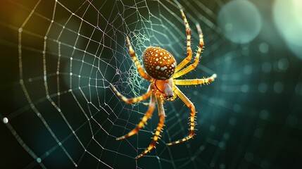 Colorful spider against a silky web.