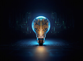 Aufkleber - A glowing lightbulb, its interior etched with intricate circuitry, sits on a digital circuit board, symbolizing innovative technology and brilliant ideas.