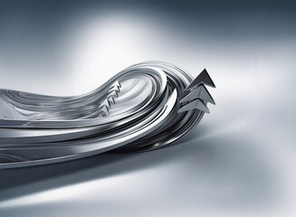 Poster - Abstract metallic sculpture.  Silver, flowing, wave-like form with pointed arrow tips.  Modern, sleek design.  Suggests movement and progress.