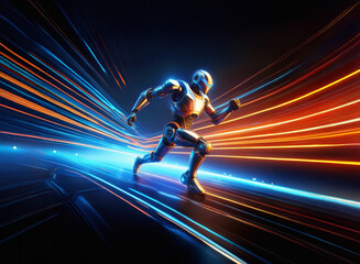 Poster - A metallic robot sprints through a futuristic, neon-lit landscape, streaks of light blurring behind it, showcasing speed and technological advancement.
