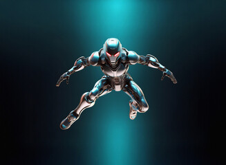 Poster - A chrome android with glowing red eyes leaps forward, suspended against a teal backdrop.  Its metallic body reflects the light, showcasing a sleek, futuristic design.