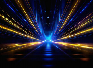 Poster - Abstract image of vibrant blue and gold light streaks converging on a dark, reflective surface, creating a dynamic, futuristic tunnel effect.