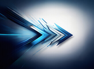Poster - Abstract digital art depicting a dynamic, three-dimensional arrow composed of layered, metallic blue and white shapes, moving at high speed, against a gradient background.  The arrow symbolizes progre