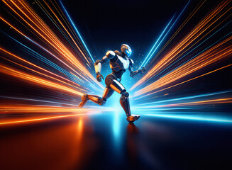 Poster - A robotic figure sprints through a futuristic tunnel of vibrant orange and blue light streaks.  The scene evokes speed, technology, and movement.