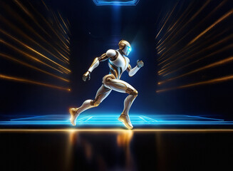 Poster - A futuristic robot, sleek and white-gold, sprints through a glowing, technologically advanced corridor.  The scene is dynamic and full of energy.