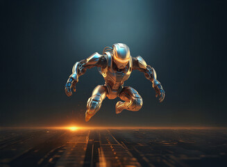 Poster - A metallic robotic figure, gleaming and powerful, leaps forward in a dynamic pose.  The futuristic setting enhances its technological prowess and sense of action.