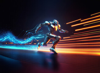 Poster - A chrome robot runs at incredible speed, leaving a trail of blue energy.  Orange light streaks illuminate its path across a dark, reflective surface. Futuristic and dynamic.