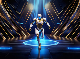 Poster - A futuristic robot, gleaming white and gold, strides forward in a dark, technologically advanced environment.  Bright blue light illuminates the scene.