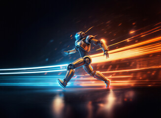 Poster - A metallic robot runs at incredible speed, leaving trails of vibrant blue and orange light.  Its sleek design and dynamic pose evoke futuristic technology and power.