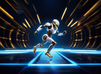 Poster - A futuristic white and gold robot runs through a glowing, neon-lit tunnel.  The scene is dynamic and energetic, showcasing advanced technology.