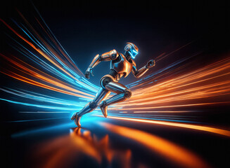 Poster - A metallic robot runs at incredible speed, streaks of vibrant blue and orange light trailing behind it.  The scene is futuristic and dynamic.