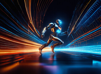 Poster - A chrome robot runs through a futuristic, neon-lit tunnel, streaks of light blurring behind it.  Speed, technology, and the future are vividly portrayed.