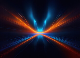 Aufkleber - Abstract digital art depicting a vibrant, symmetrical light streak effect.  Orange and blue hues converge at a central point, reflecting on a dark surface, creating a sense of speed and energy.