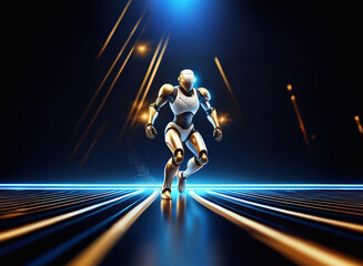 Poster - A futuristic gold and white robot strides forward on a glowing grid, streaks of light trailing behind.  Its pose suggests action and speed.