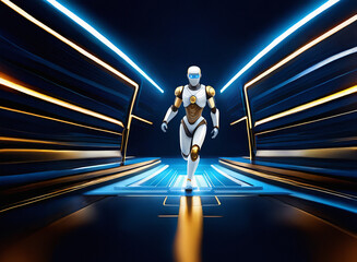 Poster - A humanoid robot strides confidently down a futuristic, glowing corridor.  The sleek design and vibrant lighting evoke a sense of advanced technology and progress.