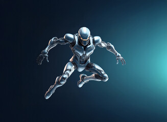 Poster - A chrome-plated robotic figure in a dynamic leap, poised mid-air against a dark blue gradient background.  Its metallic body reflects light, suggesting strength and agility.