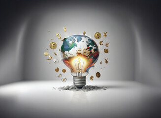 Poster - A glowing lightbulb containing a fractured Earth, surrounded by currency symbols, sits on a cracked surface.  This symbolizes global finance and innovative solutions.
