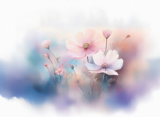 Fototapete - Soft, pastel-colored flowers bloom in a dreamy, watercolor-like setting.  The blurred background enhances the delicate beauty of the blossoms.
