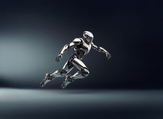 Poster - A sleek, chrome robot leaps forward, dynamic pose against a dark background.  Its metallic body gleams under an unseen light source.  The image suggests speed, power, and futuristic technology.