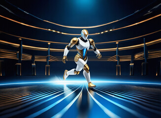 Poster - A sleek, humanoid robot sprints across a futuristic, illuminated arena floor.  Its metallic body gleams under bright stage lights, showcasing a blend of white and gold.